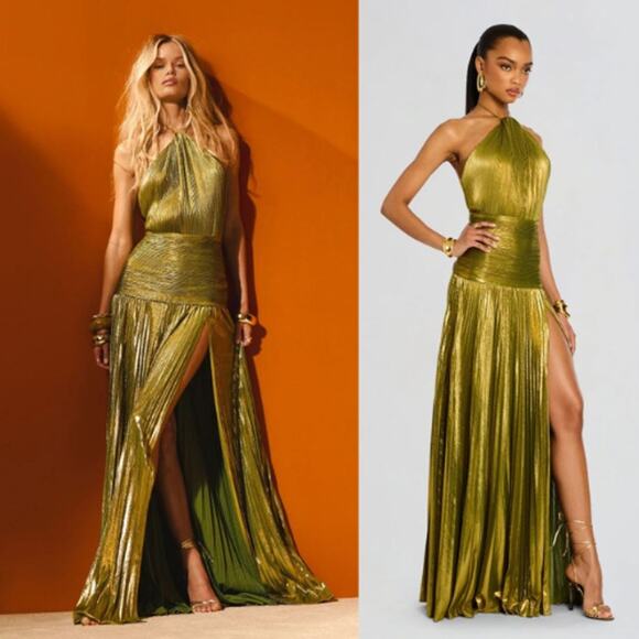 retrofete | NWT Thalia Dress in Metallic Peridot Green Pleated Halter Maxi S - Picture 1 of 16